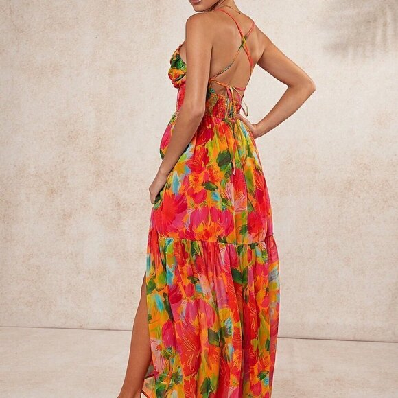 Multicolor Boho Women's Tropical Tiered Hem Backless Dress - Picture 2 of 5